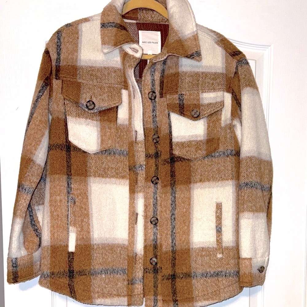 Avec Les Filles Tan and White Plaid Utility Jacket - Picture 2 of 13
